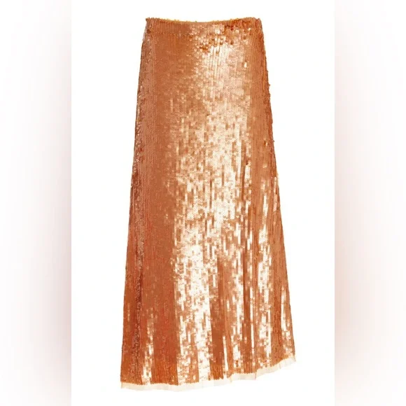 New (NWT) Love Shack Fancy Cadena Petal Gold Sequined Midi Skirt Size 12 Women